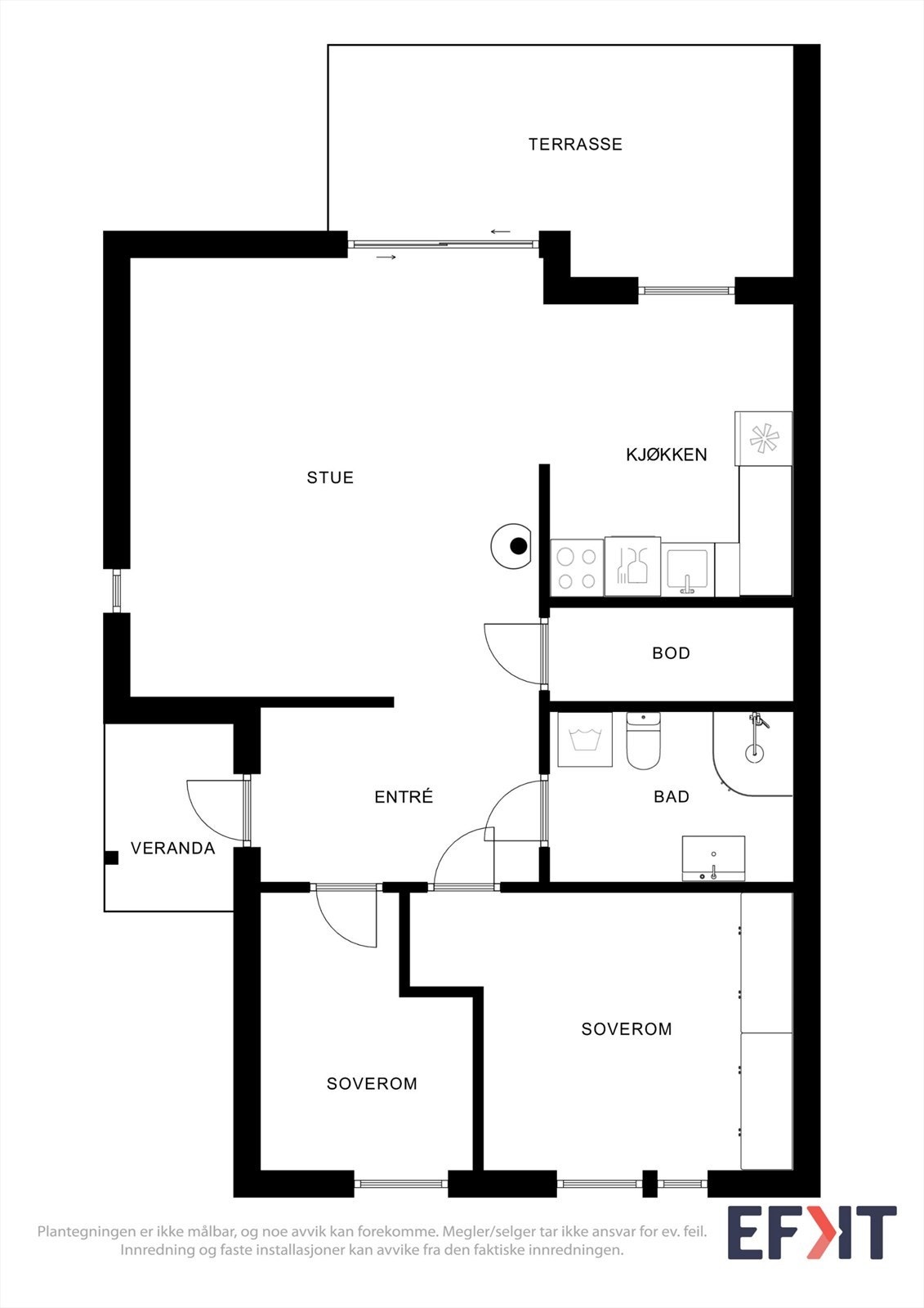 Plantegningen viser en arealeffektiv leilighet med to soverom og åpen stue-kjøkkenløsning. Galleribilde
