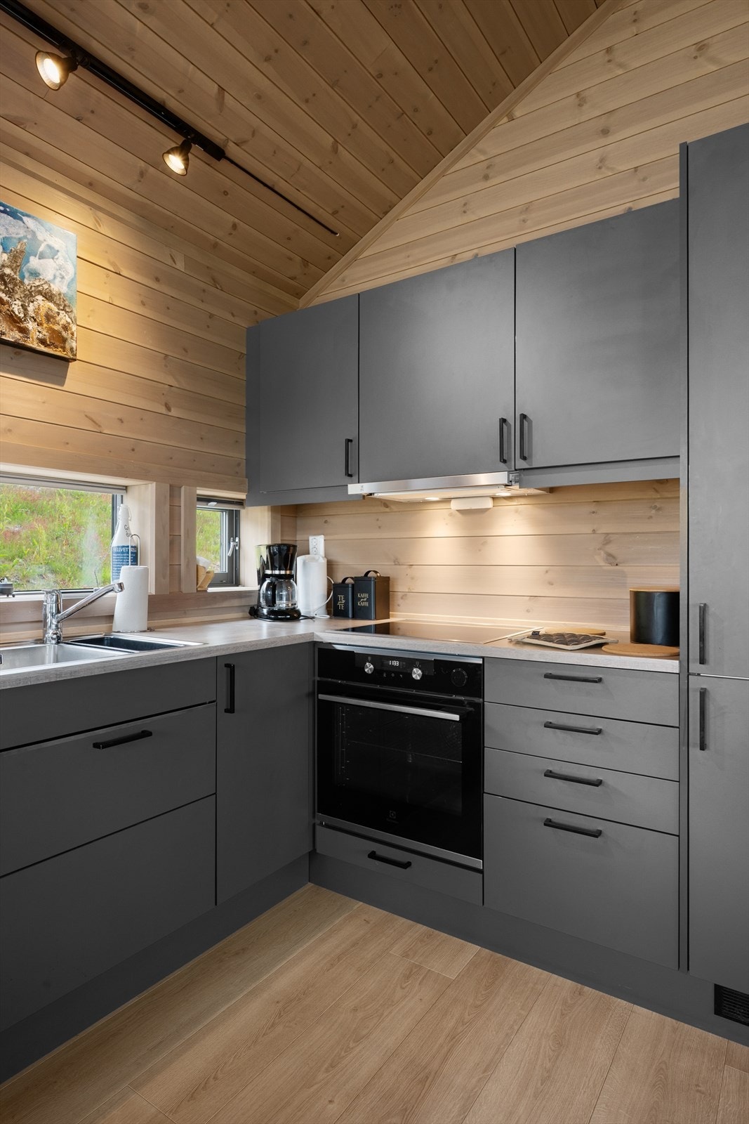 Hvitevarer som platetopp, stekeovn, kjøleskap og oppvaskmaskin er integrert. Galleribilde