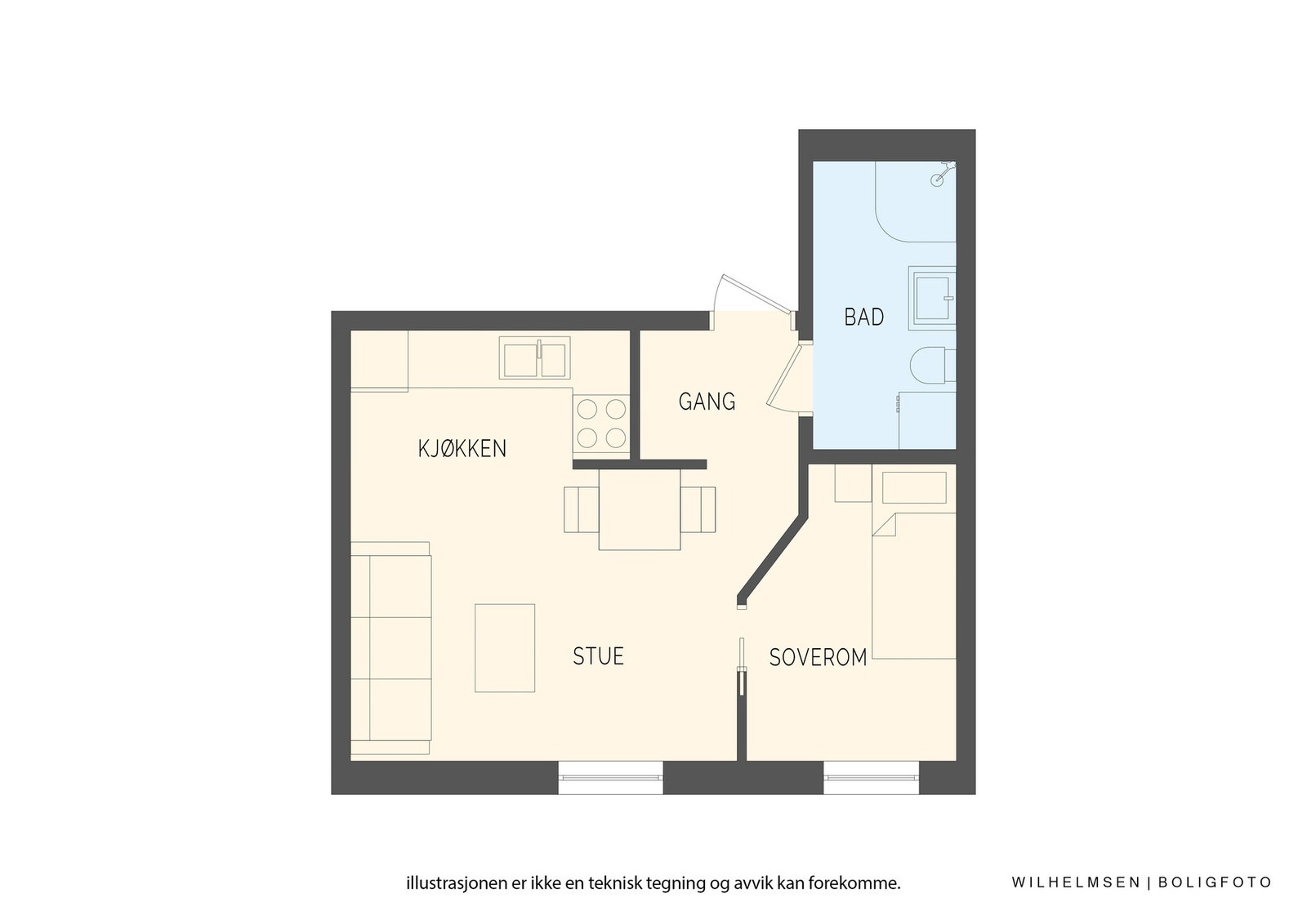 Leiligheten har en arealeffektiv og god planløsning. Leiligheten har et bruksareal på 37 kvm. samt en ekstern medfølgende bod på 2 kvm. Galleribilde
