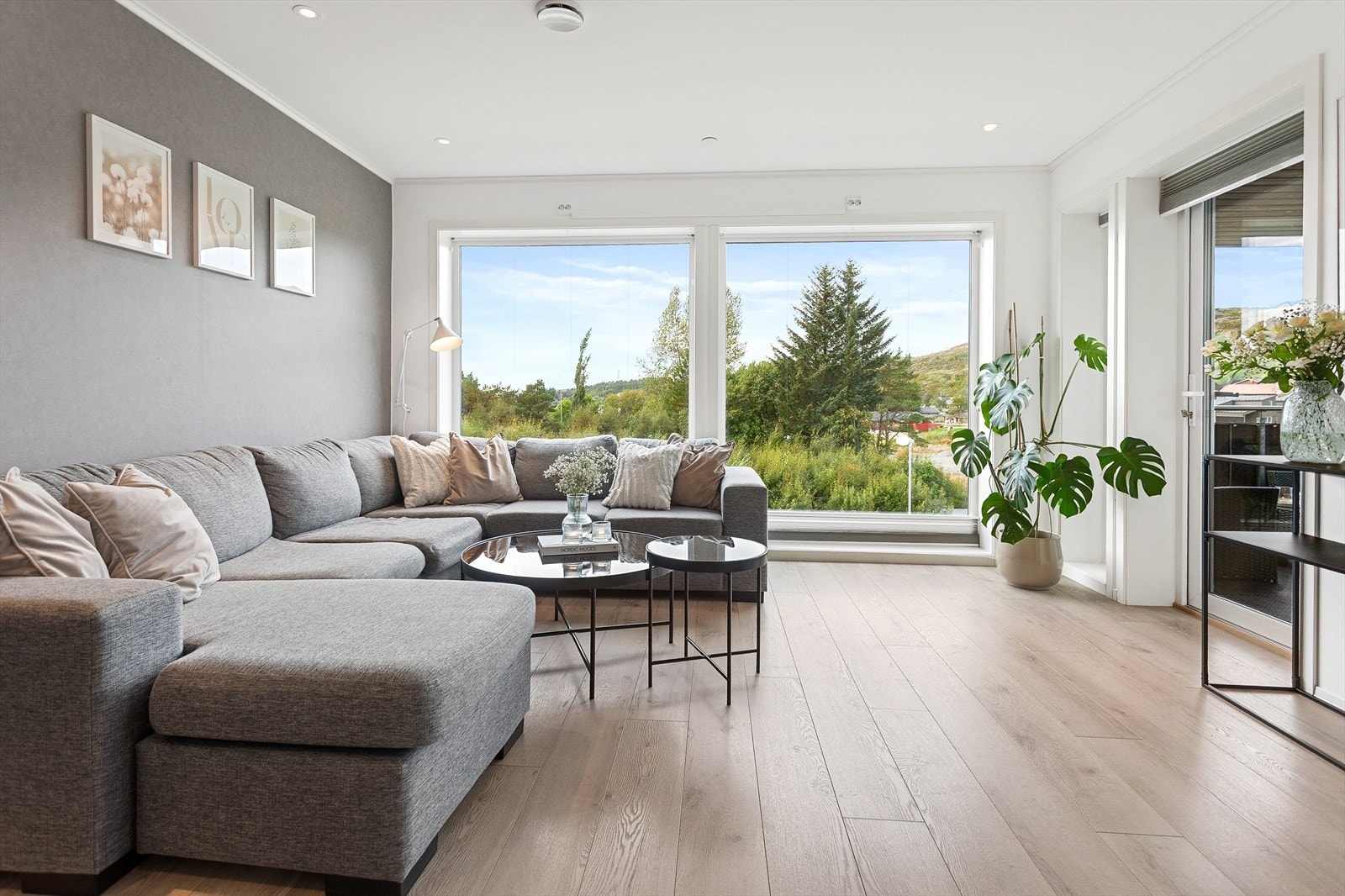 Det er utgang til en 15 kvm stor terrasse fra stuen Galleribilde