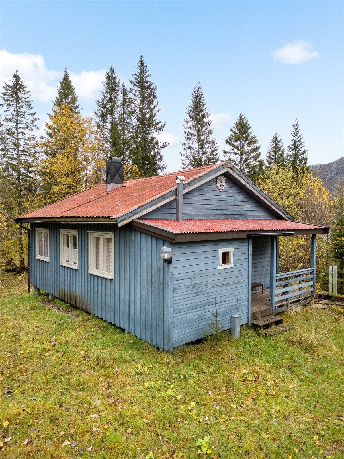 Fritidsboligen har stålplater på taket og malte trevinduer med ettlags glass, som gir enkel isolasjon (kilde: tilstandsrapport). Galleribilde