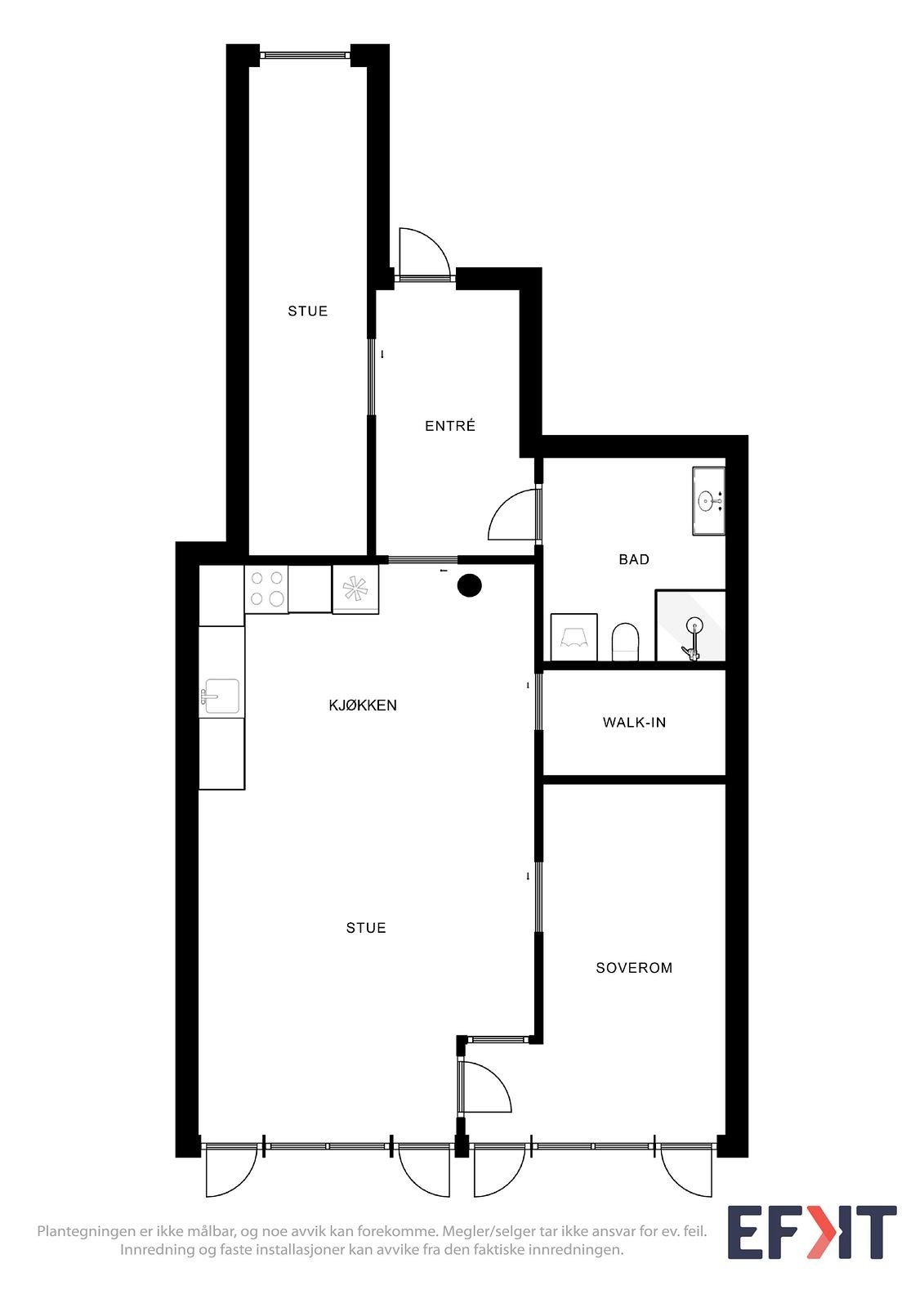 Plantegning. Det som står som "Stue" i det lange rommet, er soverom nummer 2. Galleribilde