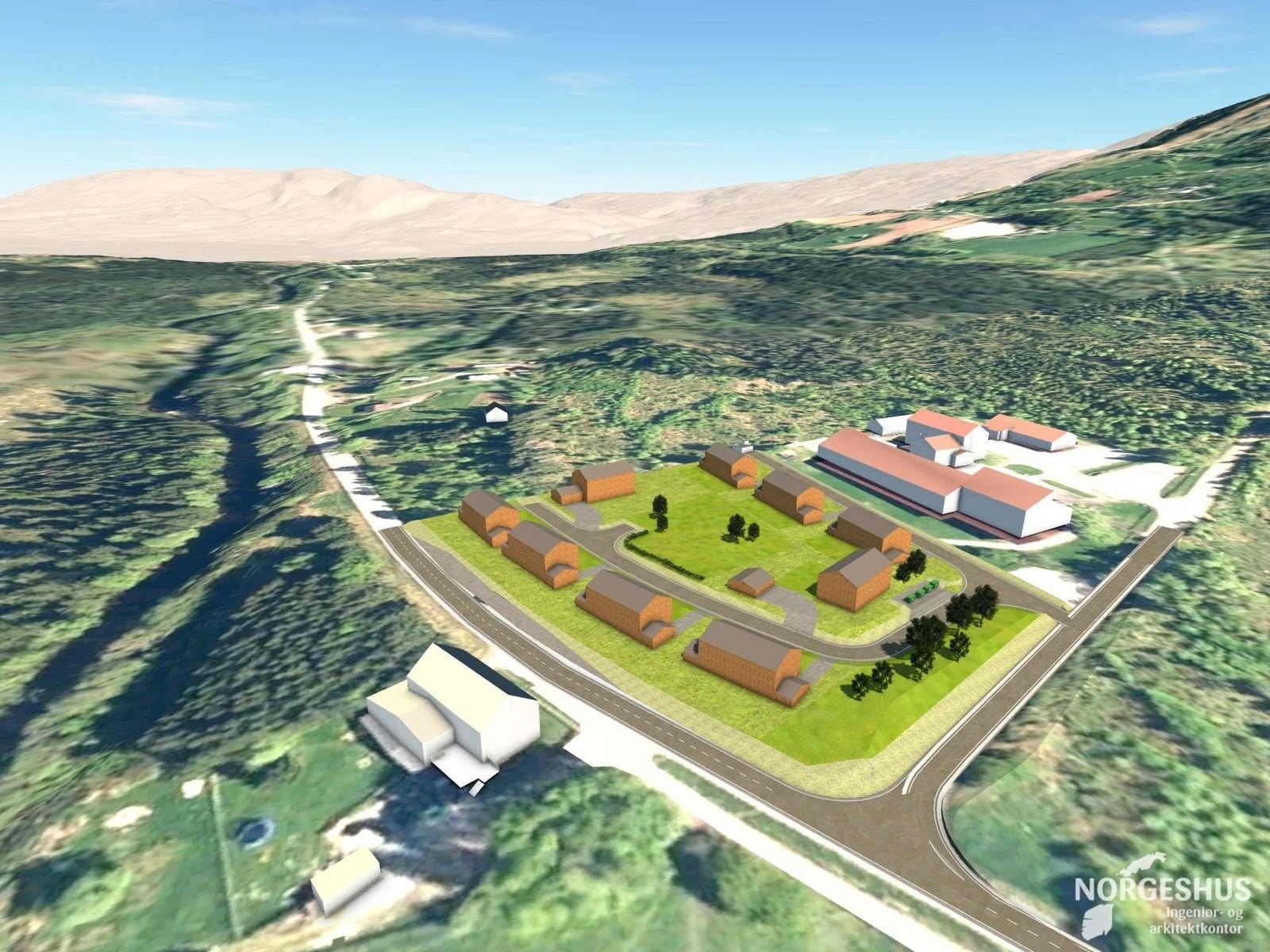 Forslag til situasjonsplan. Viser ikke detaljert utforming og materialvalg av bygningene. Galleribilde