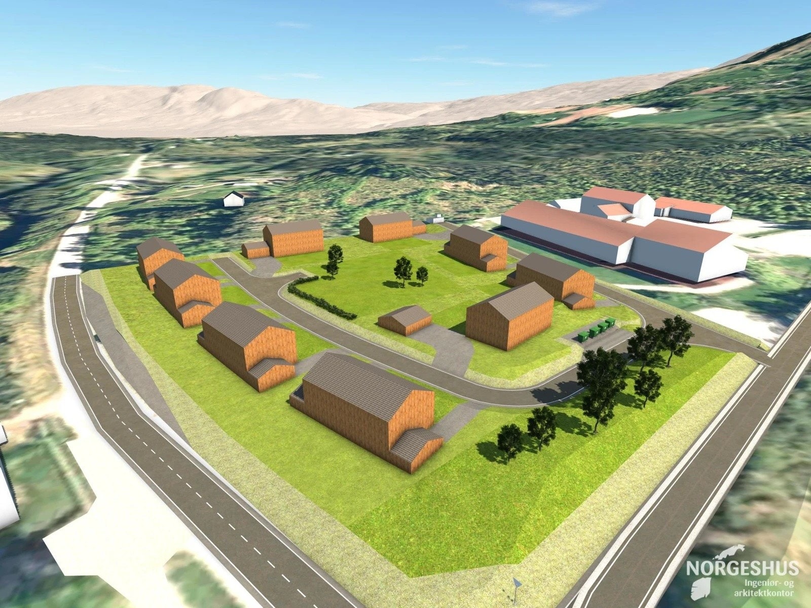 Illustrasjon av mulig utforming på planområdet, sett fra sør-vest. Galleribilde