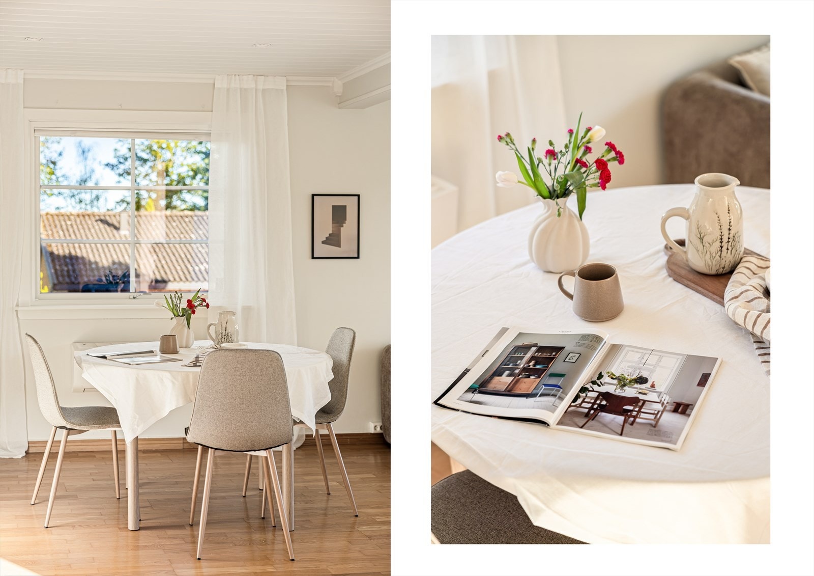 Spisestuen er elegant plassert i naturlig tilknytning til kjøkkenet, og gir en harmonisk flyt mellom matlaging og måltider. Den romslige utformingen gir god plass til et stort spisebord med komfortable stoler. Galleribilde