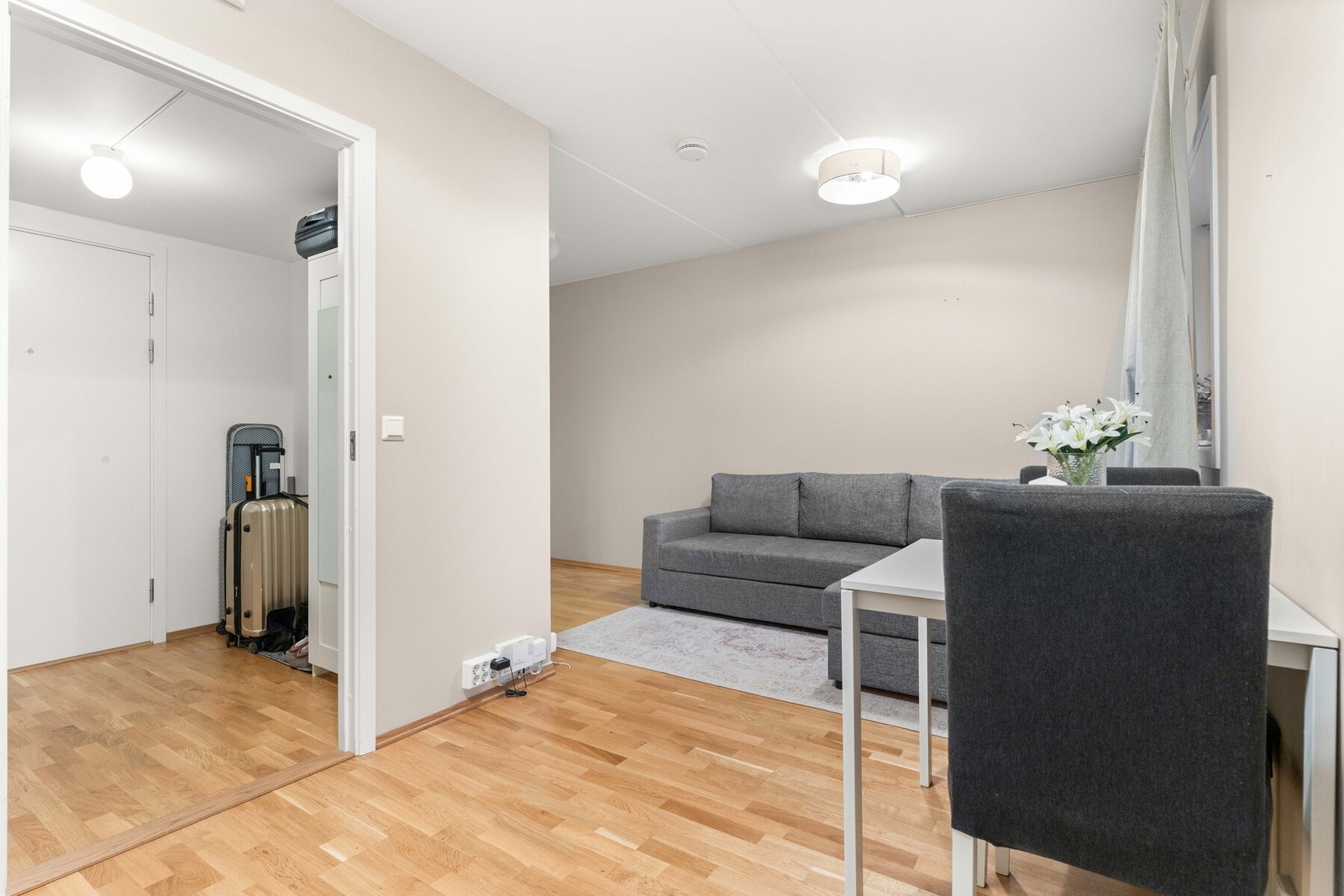 Entréen oppleves lys og innbydende, med parkett på gulv og hvitmalte vegger som gir et rent og tidløst uttrykk. Galleribilde