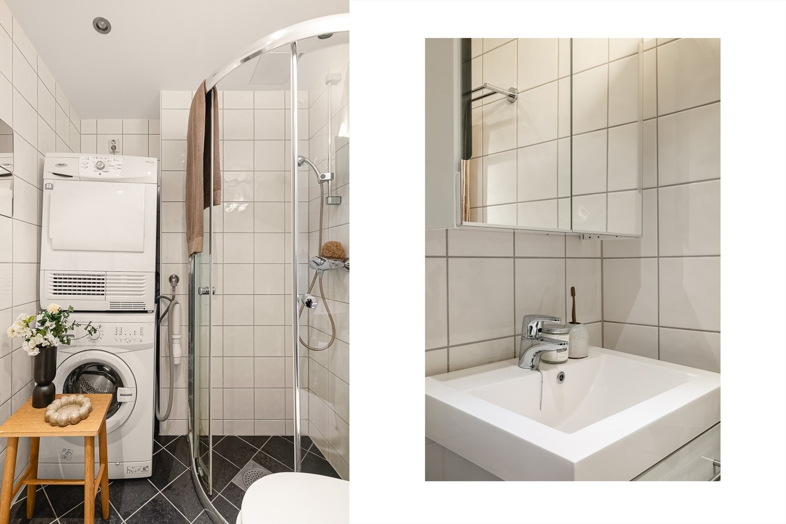 Badet er innredet med servant, veggmontert toalett, dusjvegger/hjørne og opplegg for vaskemaskin. Galleribilde