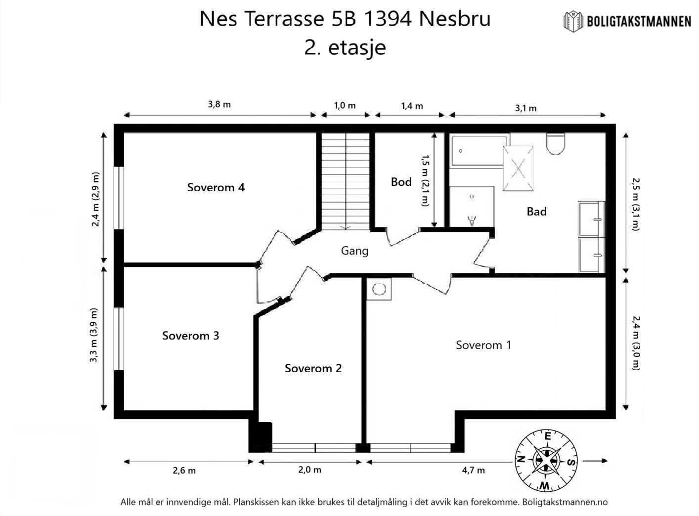 Planløsning for 2. etasje - Legg merke til 4 soverom på samme plan! Galleribilde