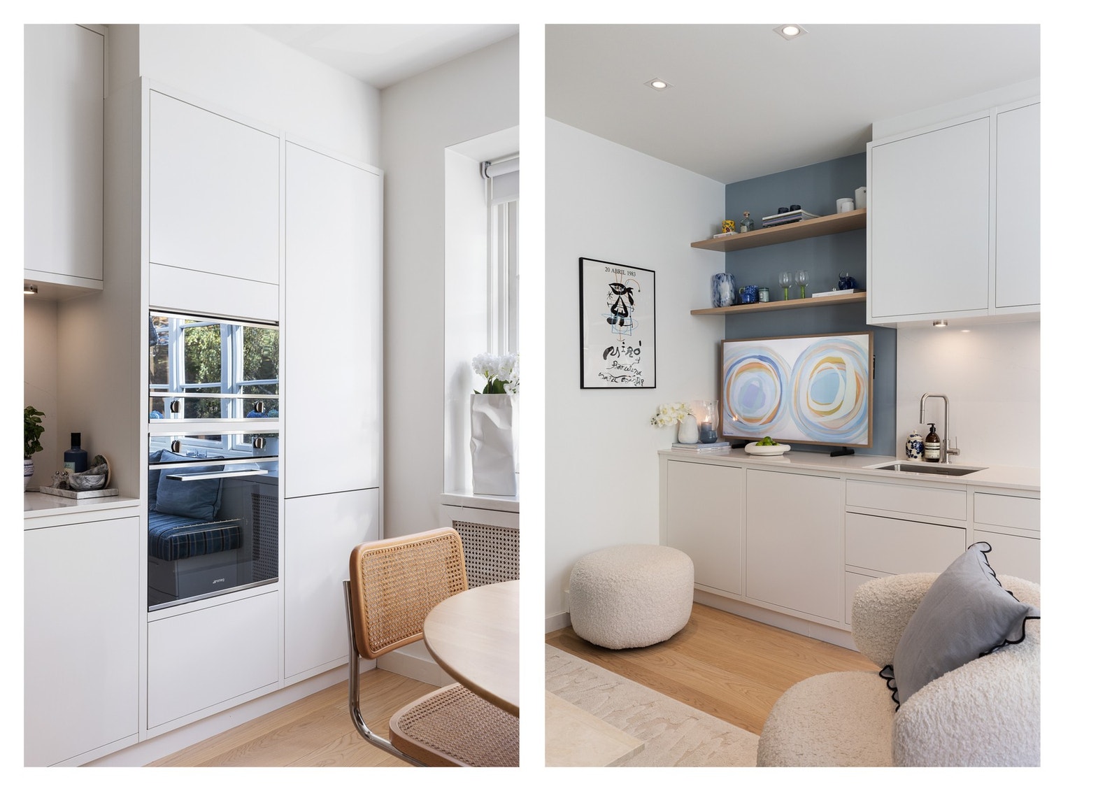 Kjøkkenet er utstyrt med ovn, kombiovn og platetopp fra kvalitetsmerket Smeg. Oppvaskmaskin og kjøl/frys fra Siemens. Galleribilde