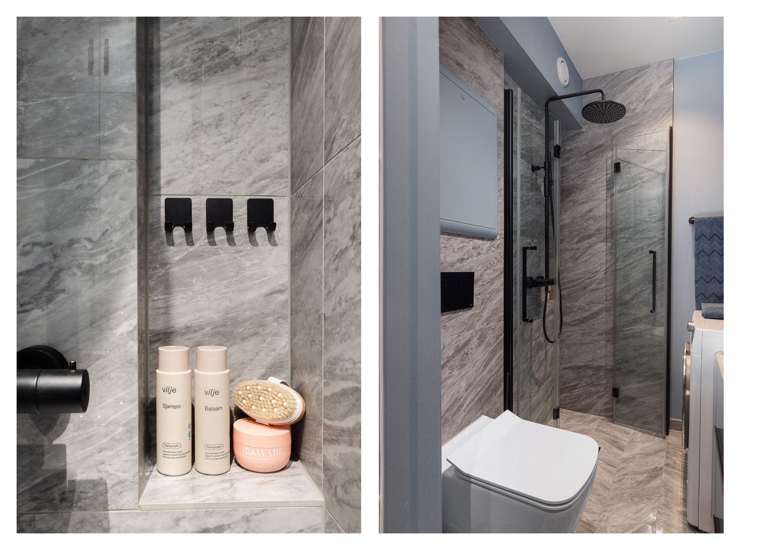 Innfelt hylle i dusjsone samt regnfallsdusj. Galleribilde