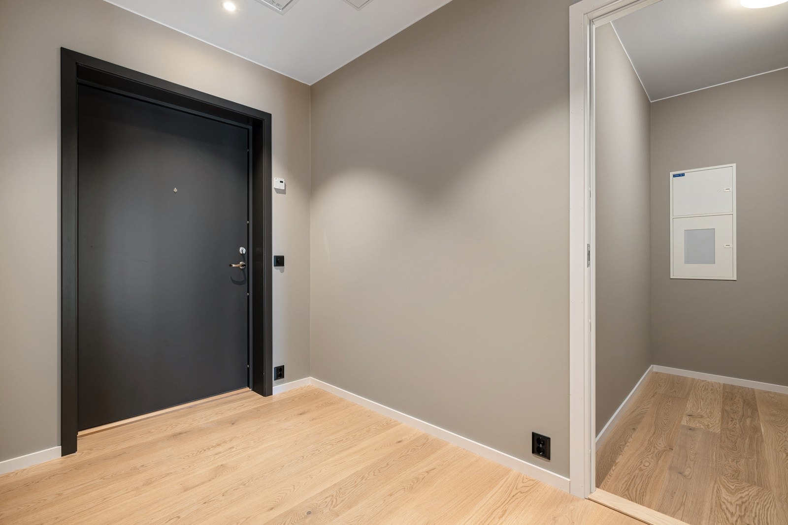 Romslig entre med god plass til sko og klesavheng. Muligheter for å etablere garderobeløsning. Galleribilde