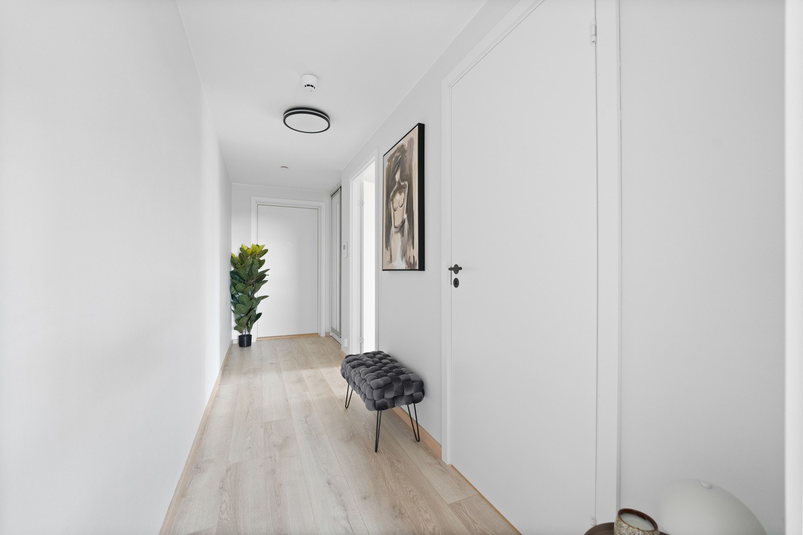 Lys og praktisk entré med plass til oppbevaring av sko og yttertøy. Vegger og himling har glatte, malte flater, og gulvet er belagt med laminat. Galleribilde