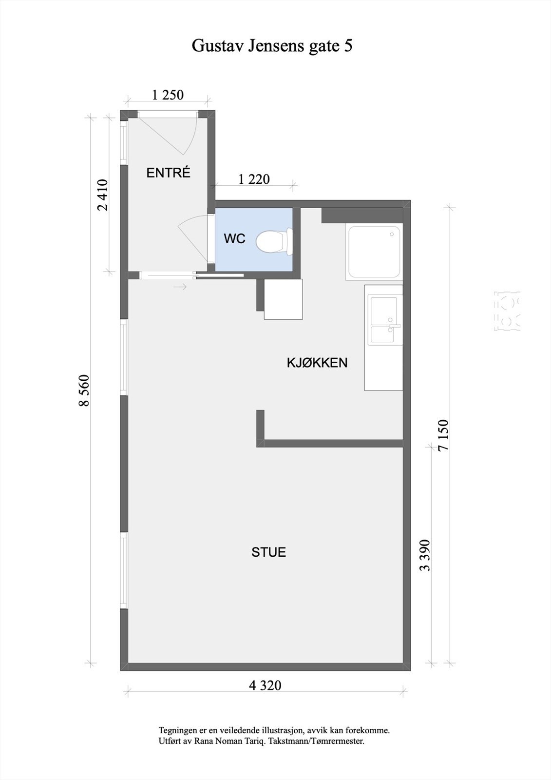 Plantegningen viser en arealeffektiv leilighet på 32 m² med entré, separat toalett og åpen stue/kjøkkenløsning. Galleribilde