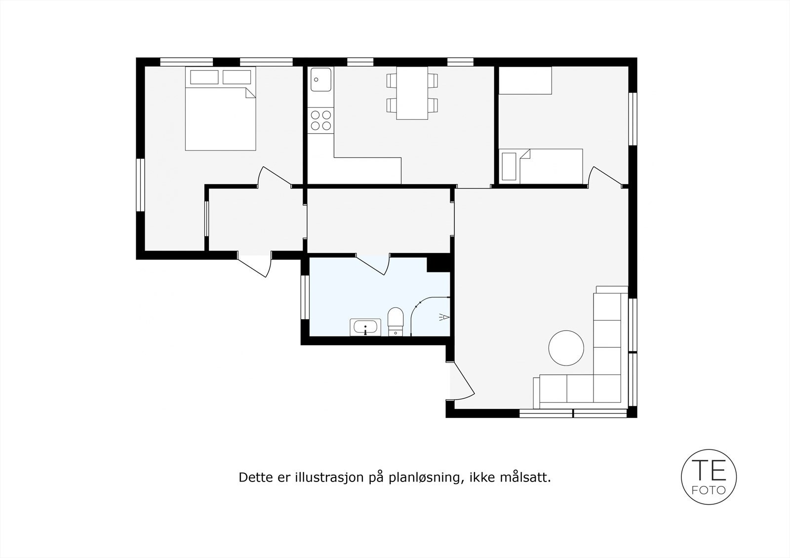 Plantegning 1. etasje. Gang, 2 soverom, bad, kjøkken og stue. Galleribilde