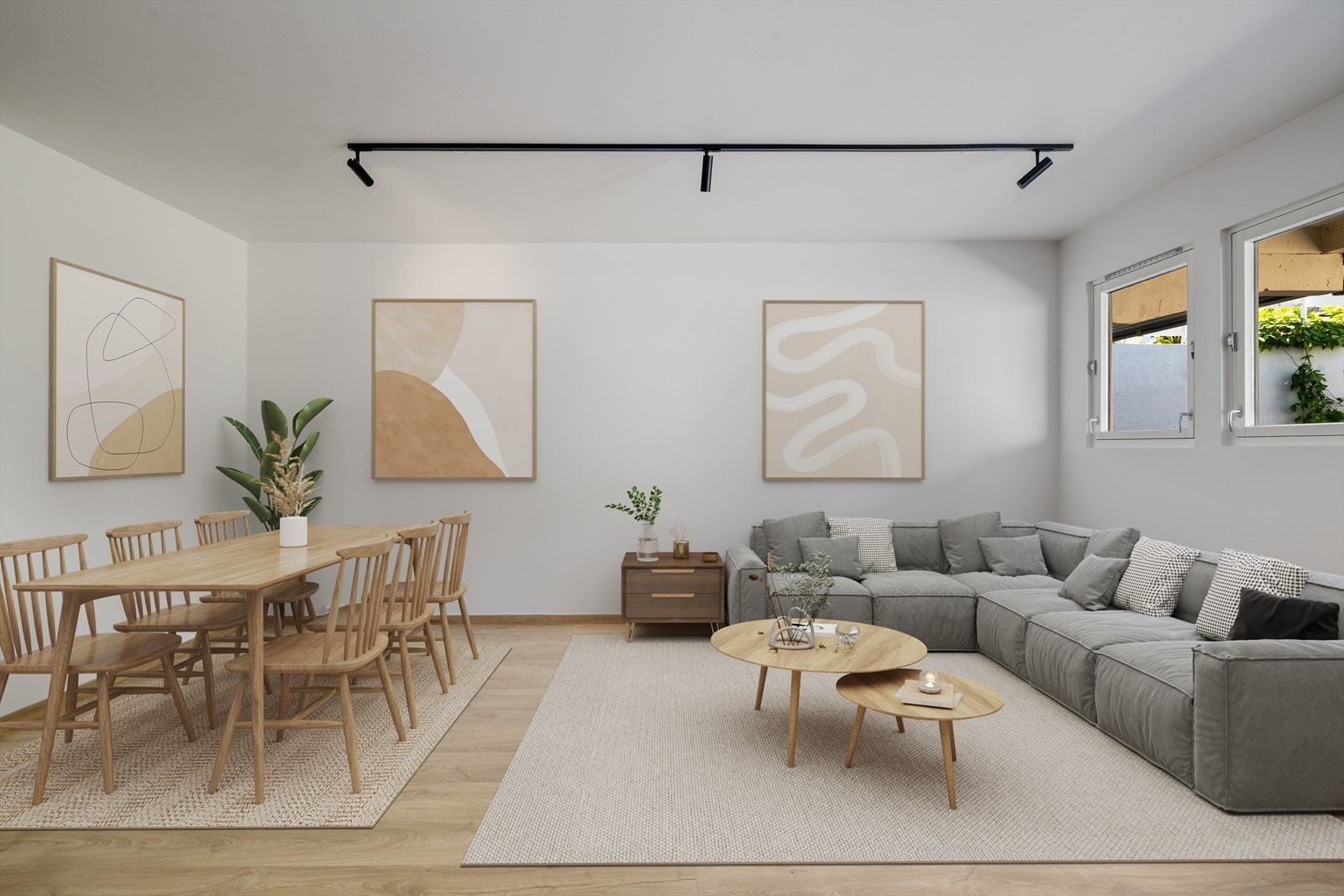 Her er det rom for både en innbydende sofagruppe og et hyggelig spisebord. Galleribilde