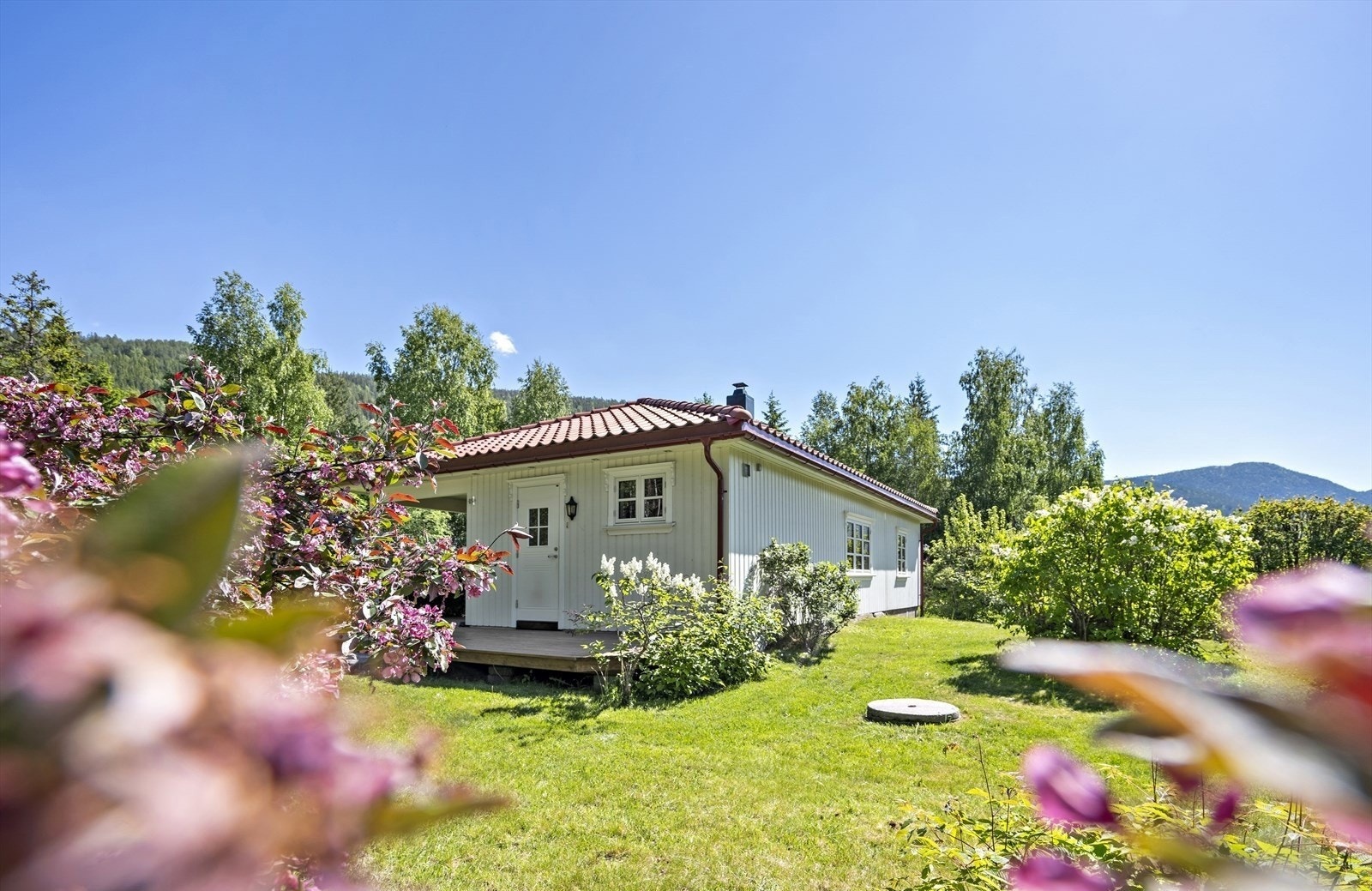 Hagen er flott opparbeidet med en rekke prydbusker, frukttrær og gressplen. Tomten er på over 2,6 mål Galleribilde