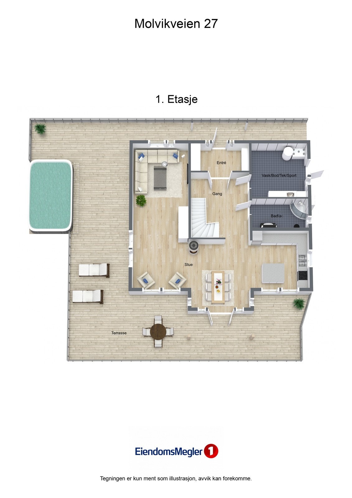 Plantegningen for første etasje viser en sosial planløsning med stue, kjøkken, bad og vaskerom Galleribilde