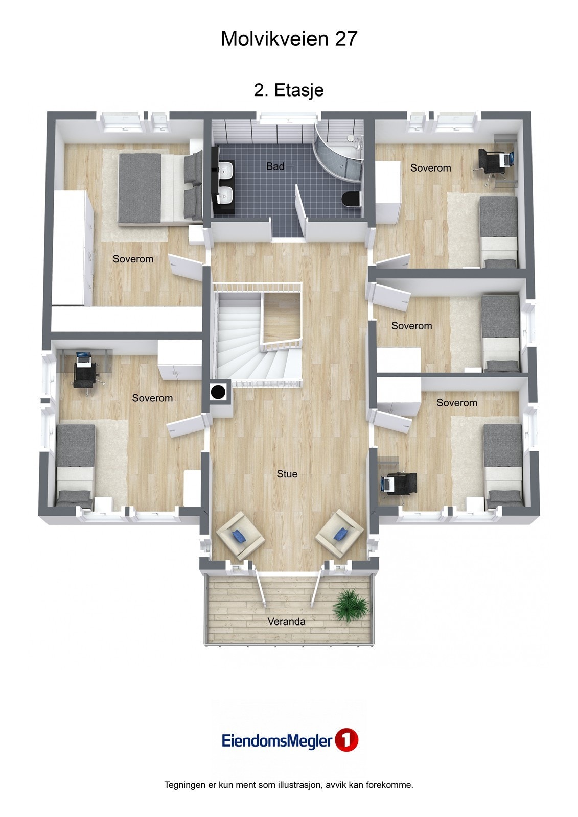 Andre etasje inneholder loftstue, fem soverom og et romslig bad Galleribilde