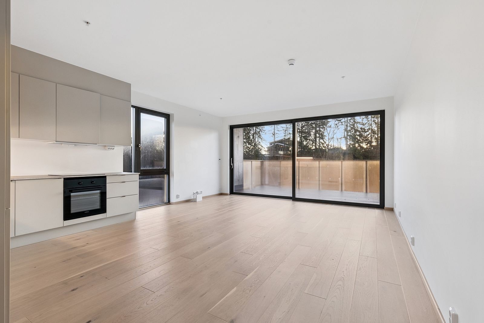 Stor stue med mye lysijnnslipp og utgang til balkong. Galleribilde