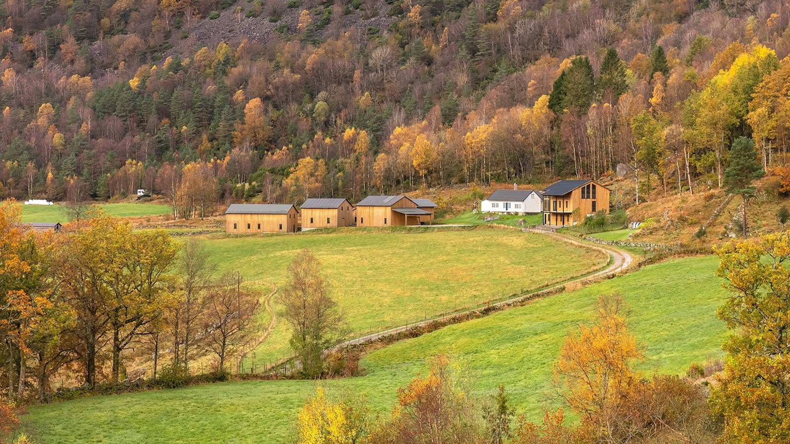 En vakker tomt der bygningene harmonerer naturlig med det omkringliggende landskapet. Galleribilde