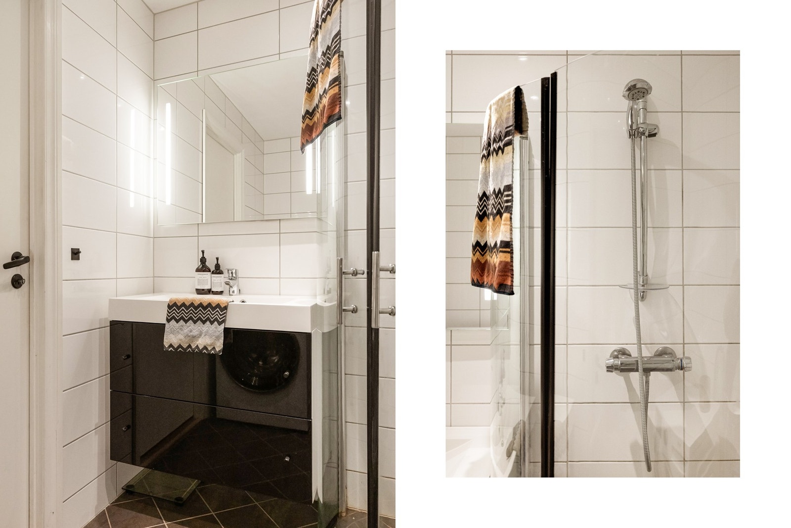 Badet er innredet med nedfelt servant, vegghengt toalett, dusjhjørne og opplegg til vaskemaskin Galleribilde