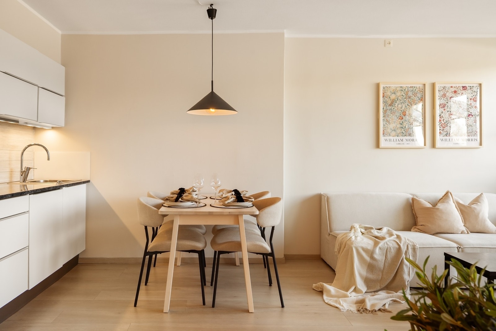 Leiligheten har åpen stue- og kjøkkenløsning som måler hele 24,6 m² Galleribilde