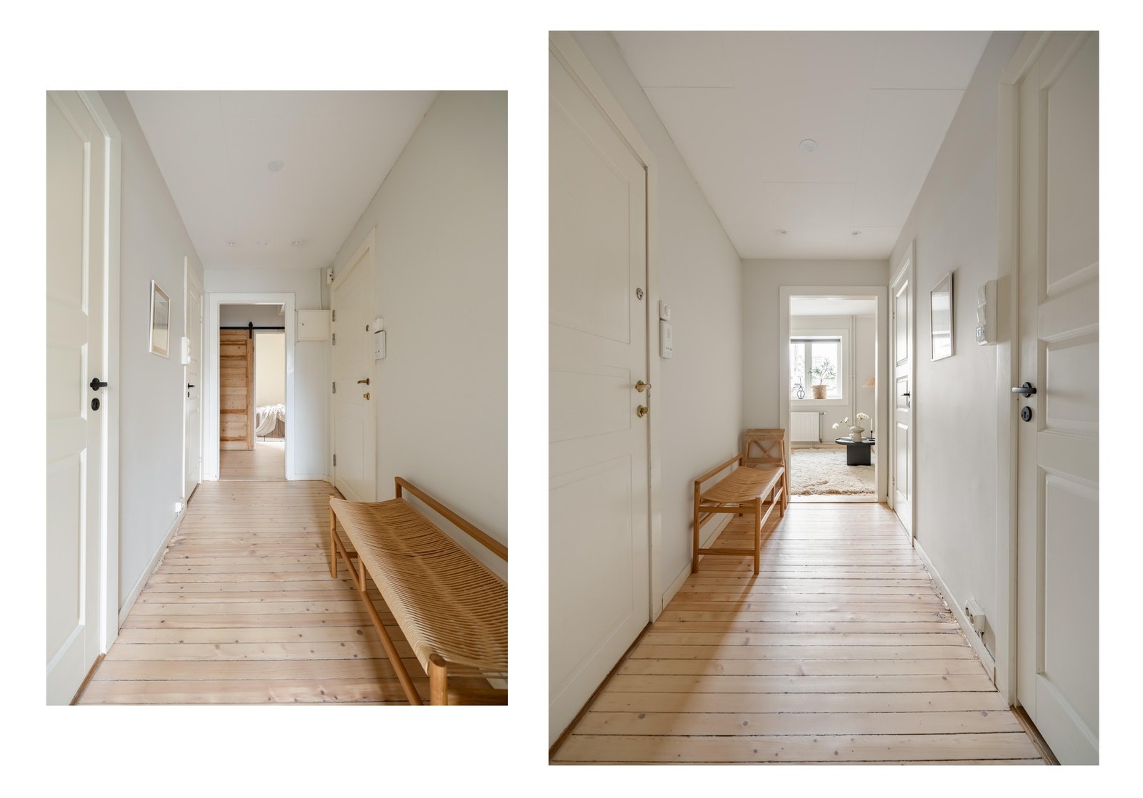 Veggflatene er lysmalte, og på gulvet ser vi de nyslipte tregulvene. Her er det plass til oppheng av yttertøy og å sette fra seg skoene. Galleribilde