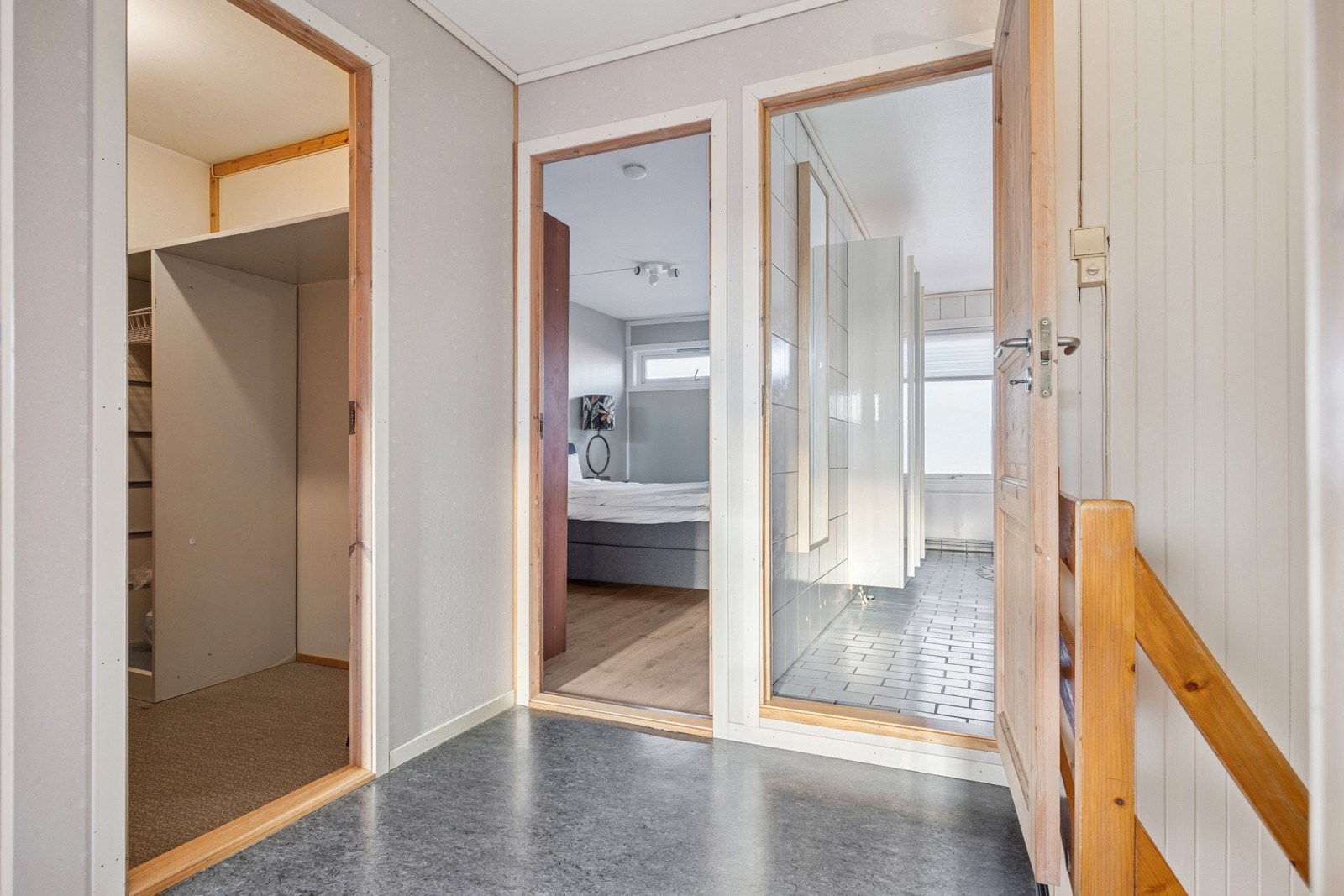 Tar man trappeløpet opp til andre etasje ankommer man et gangareal som fordeler seg til 3 soverom, bod og et stort baderom. Galleribilde