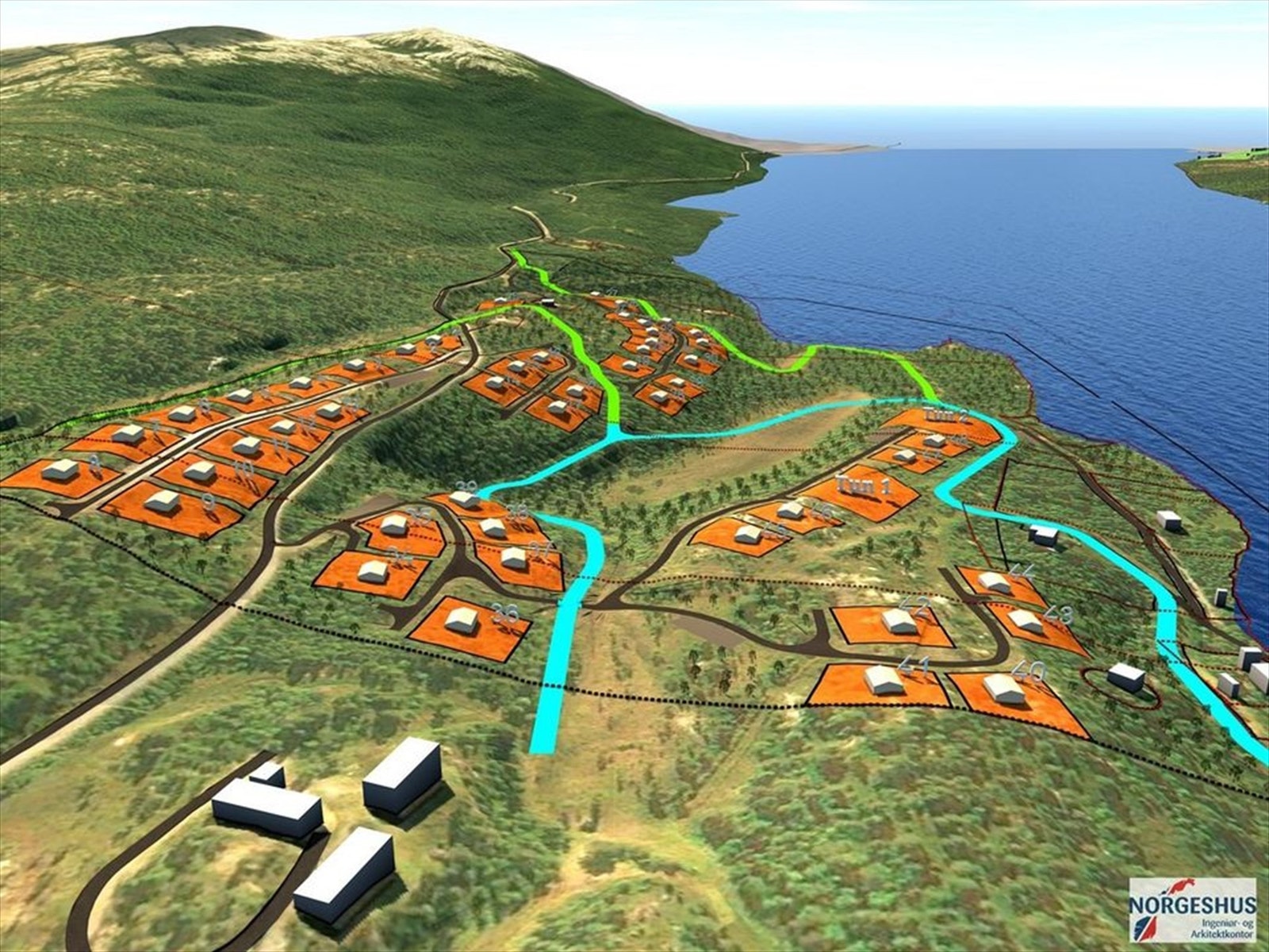 Perspektiv fra nord (turkis er 5 km langrenstrasse, grønn er NM løypa 2019.jpg Galleribilde