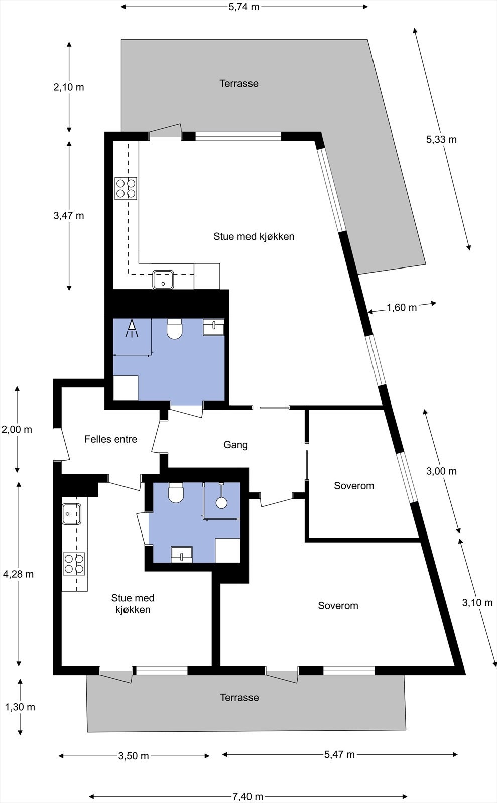 Plantegning med mål fra takstmann - Sinsenveien 49 C Galleribilde