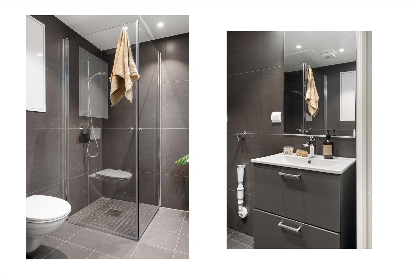 Innfellbare dusjdører bidrar til å frigjøre plass når det er behov for det. Her er det også opplegg for vaskemaskin. Galleribilde