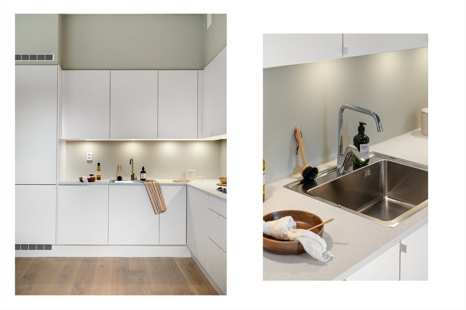 Overlys gir jevn og god belysning til hele arbeidsområdet. Laminert benkeplate med oppvaskkum og 1-greps blandebatteri. Galleribilde