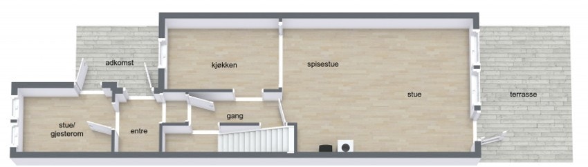 1.etg. byr på entré, gang, 2 boder kjøkken og stue. Galleribilde