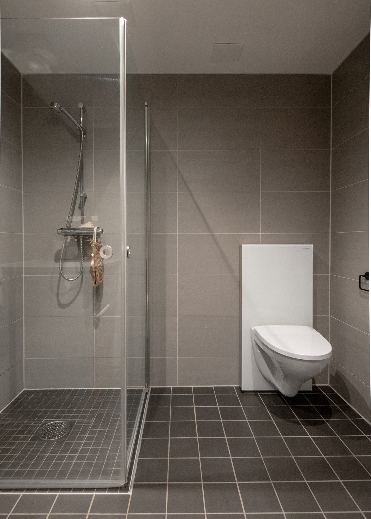 Dusjsonen er avgrenset med glassdører og har vegghengt dusjarmatur. Galleribilde