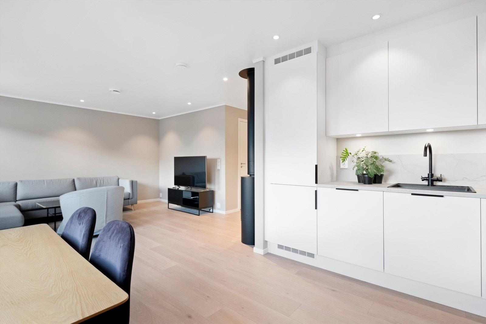 Laminatgulv og malte vegger gir en moderne finish til stue og kjøkkenområde. Galleribilde