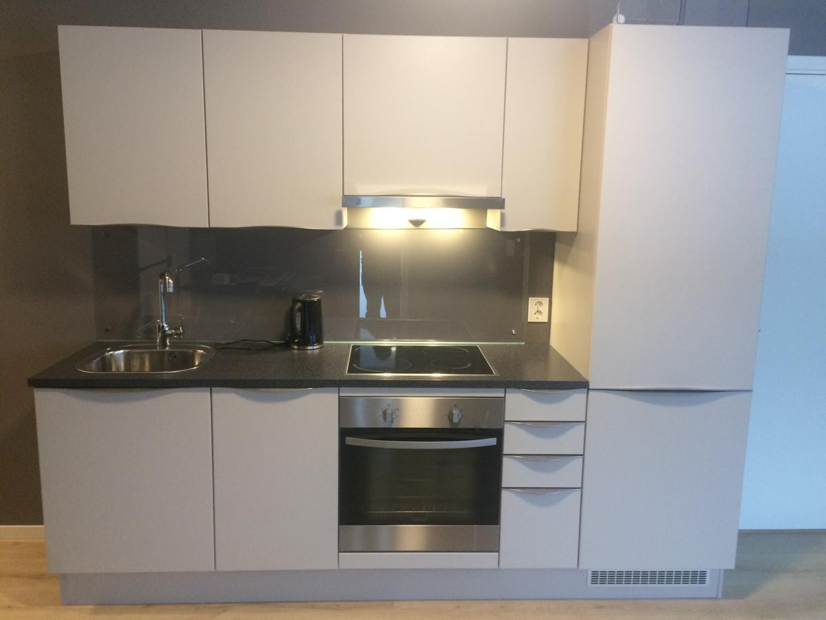 Kjøkken med oppvaskmaskin, komfyr og kule/fryseskap. Galleribilde