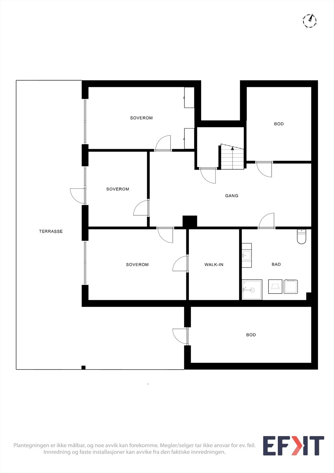 Plantegningen er ikke målbar, og noe avvik kan forekomme. Megler/selger tar ikke ansvar for ev. feil. Innredning og faste installasjoner kan avvike fra den faktiske innredningen. Galleribilde
