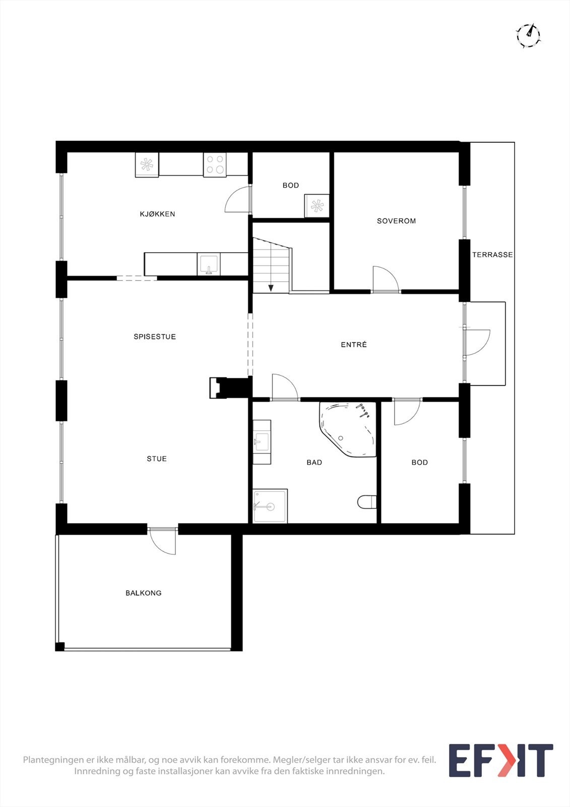 Plantegningen er ikke målbar, og noe avvik kan forekomme. Megler/selger tar ikke ansvar for ev. feil. Innredning og faste installasjoner kan avvike fra den faktiske innredningen. Galleribilde