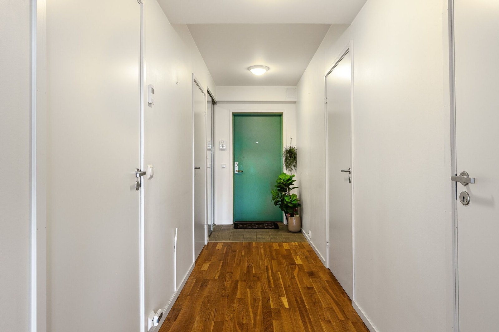 Praktisk entré som fører deg enkelt til boligens ulike rom som badet, oppholdsrommet og soverommet, noe som gir en naturlig og funksjonell flyt i boligen. Galleribilde