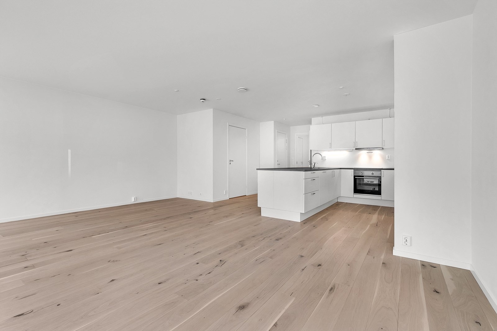 Stue og kjøkken i en åpen løsning skaper en sosial sone Galleribilde