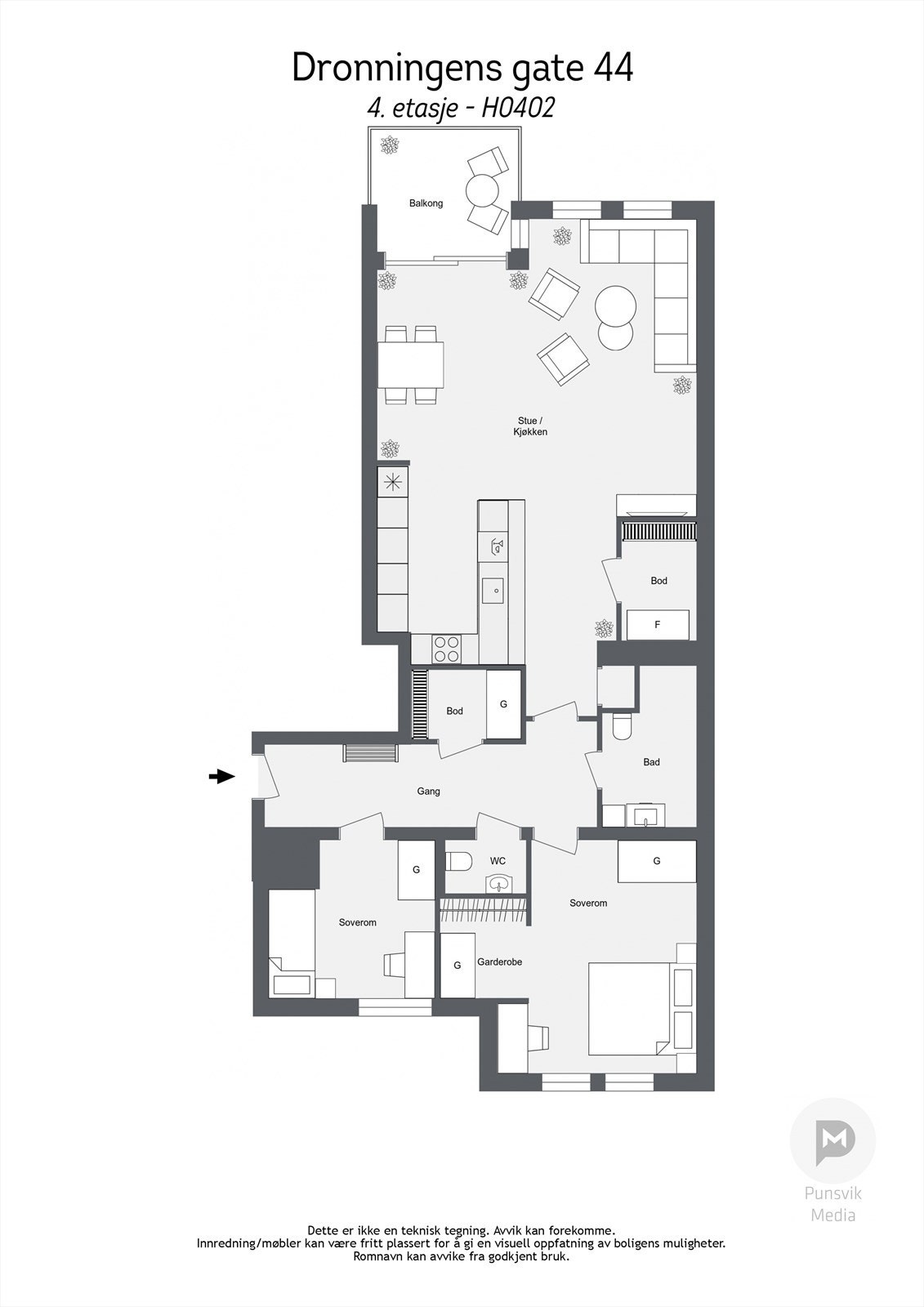 Leiligheten har en gjennomtenkt og moderne planløsning som kombinerer funksjonalitet med stil. Den åpne stue- og kjøkkenløsningen skaper en luftig og sosial atmosfære, mens de to soverommene ligger skjermet for optimal ro. Galleribilde