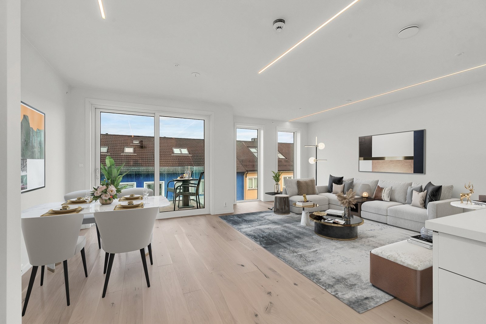 Leiligheten bærer preg av god standard og kvalitet på materialvalgene. Én-stavs parkett er gjennomgående for leiligheten, og gir et lunt stiluttrykk. (Digitalt møblert) Galleribilde