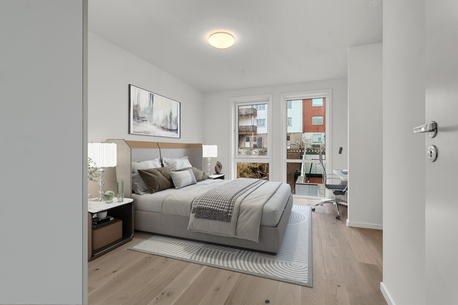 De to soverommene ligger skjermet for optimal ro, her er hovedsoverommet (Digitalt møblert) Galleribilde