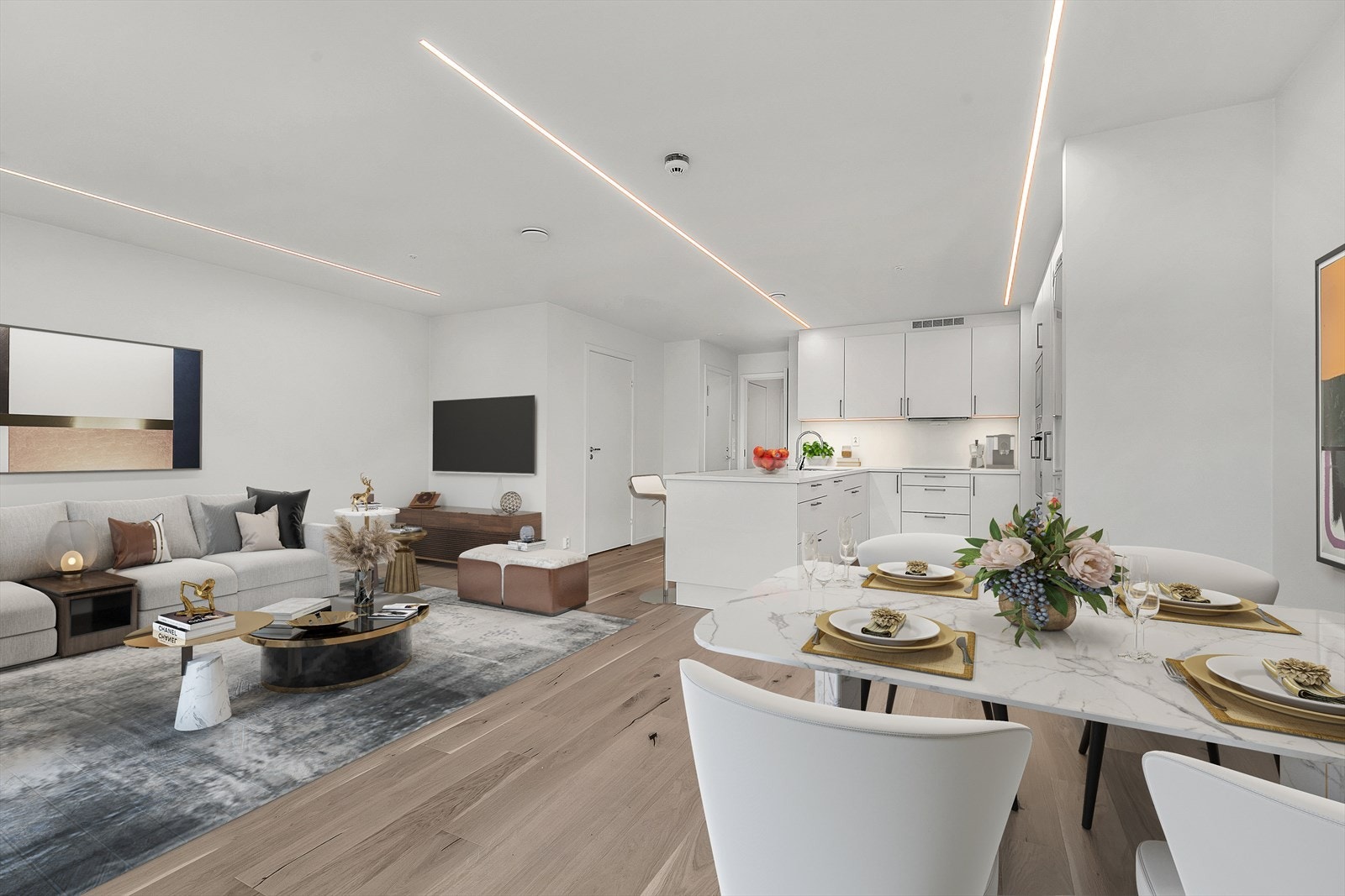 Stue og kjøkken er utformet i en åpen løsning, noe som bidrar til en god romfølelse. (Digitalt møblert) Galleribilde