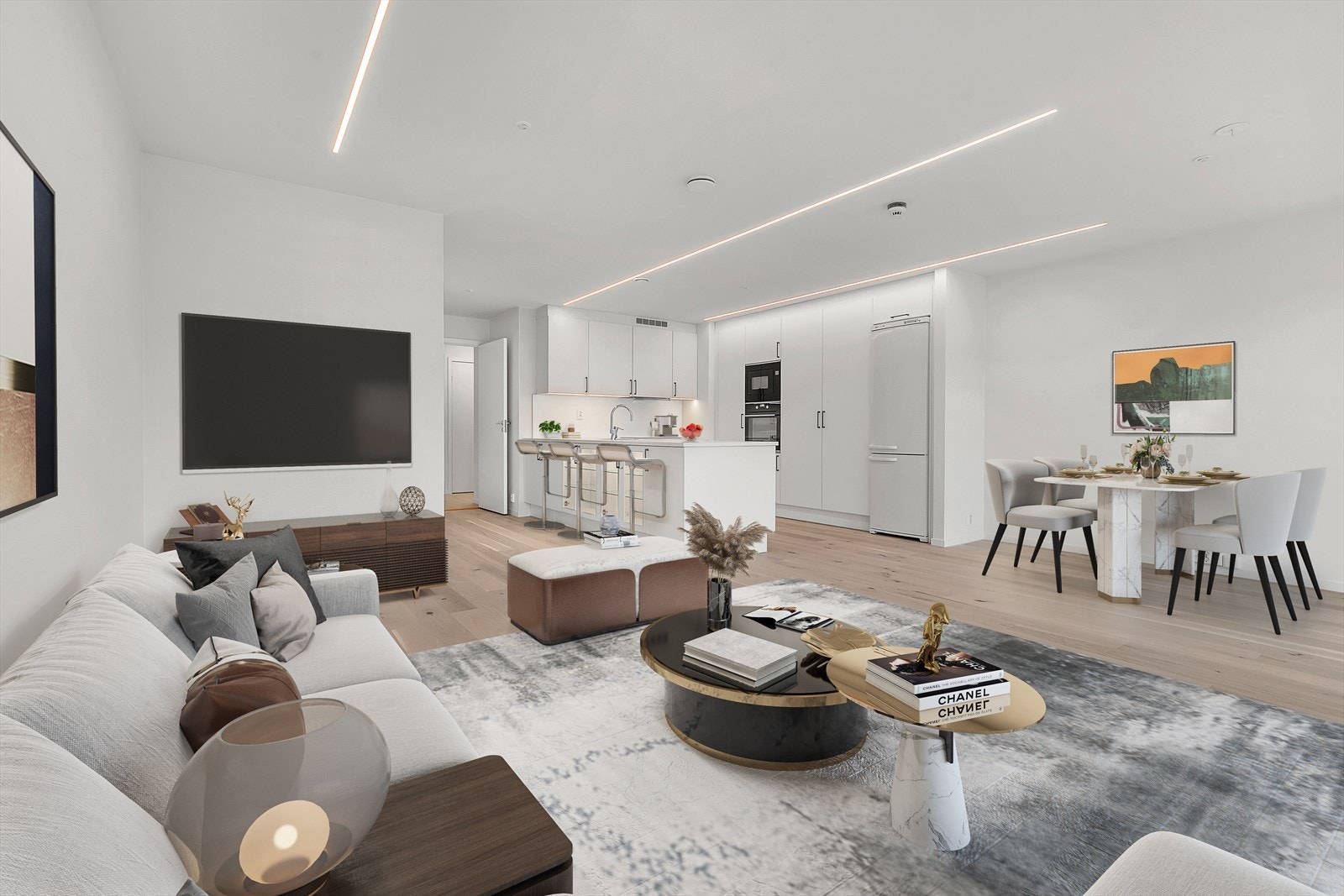 Åpen løsning, stilren innredning og flotte lysforhold. Perfekt for både avslapning og sosiale sammenkomster! (Digitalt møblert) Galleribilde