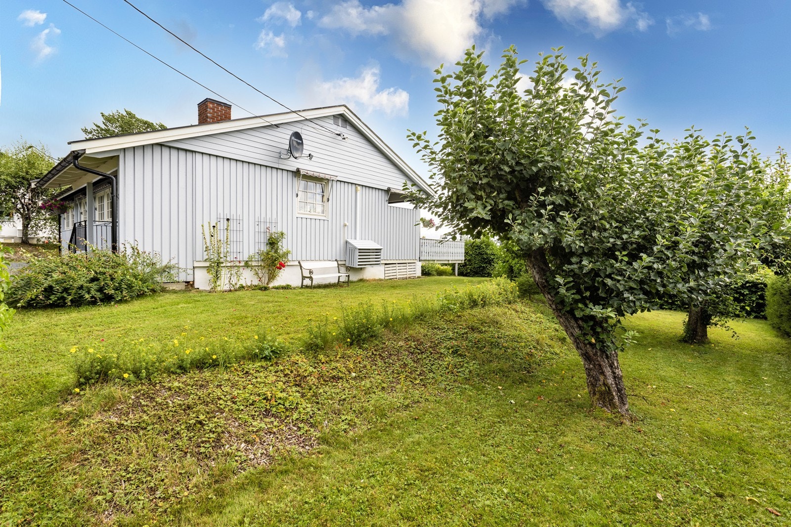 Eiendommen er innrammet av hekk langs tomtegrensene. Galleribilde