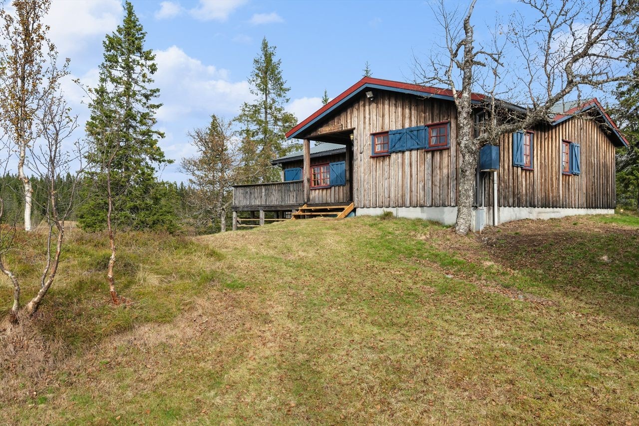 Eiendommen ligger usjenert til i terrenget med gruset adkomst og parkering på tomten. Galleribilde
