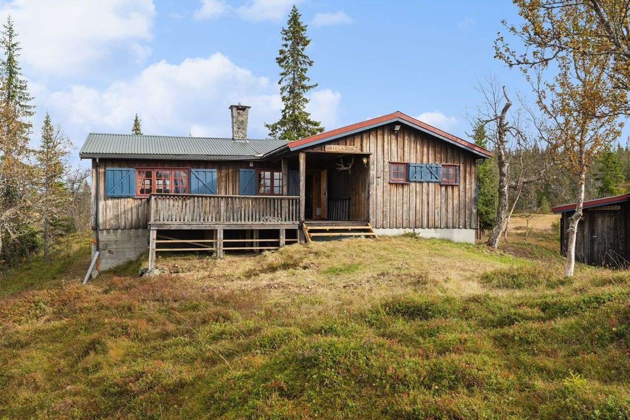 Hytta har en tradisjonell utforming med stående trekledning og mønet skråtak med metallplater. Galleribilde