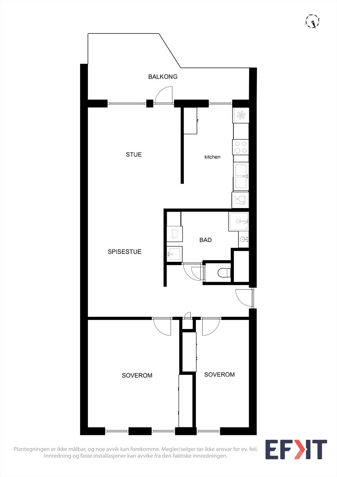 Plantegningen viser en arealeffektiv planløsning. Leiligheten disponerer i tillegg en bod på 6 m² i kjeller. Galleribilde