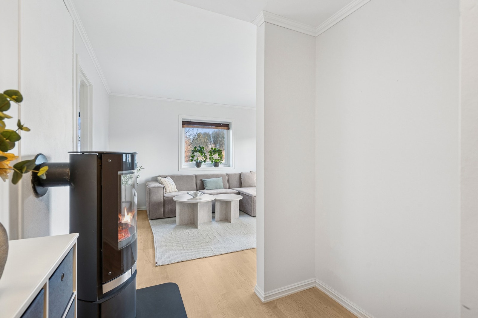 Velkommen inn! Her blir du møtt av en lys gang med malte flater og lys parkett på gulvet Galleribilde